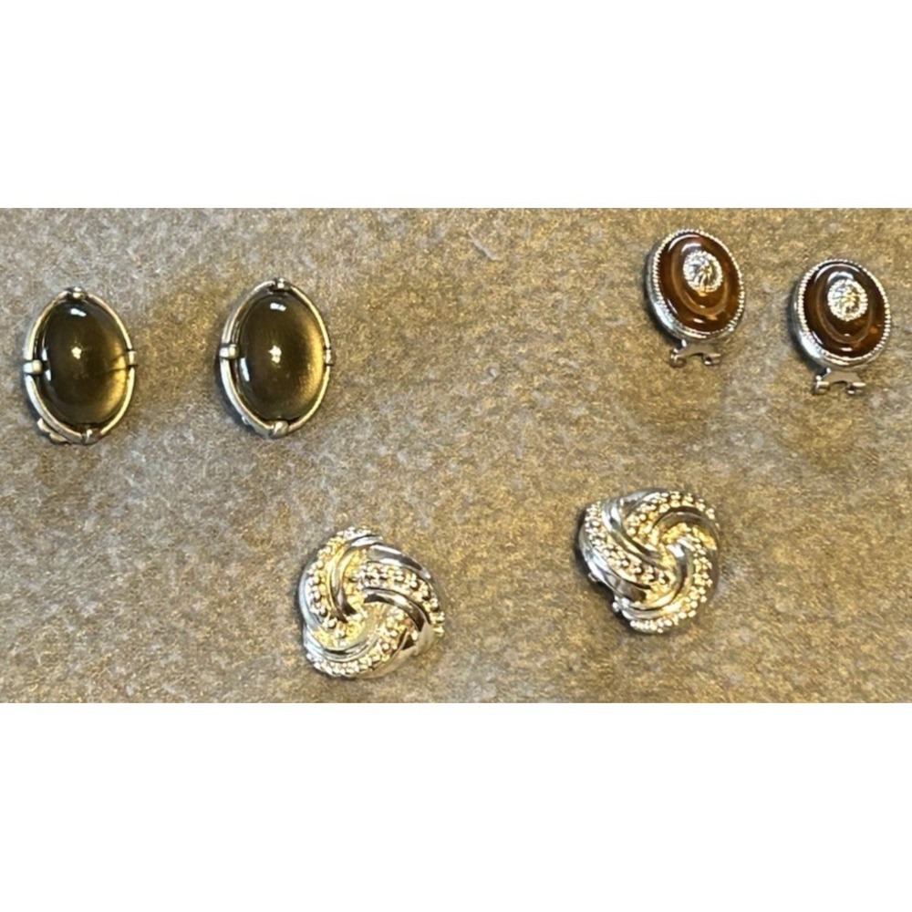 Liz Claiborne LC Earrings Oval Silver tone‎ Gray Brown Knot clip-on 3 Pairs